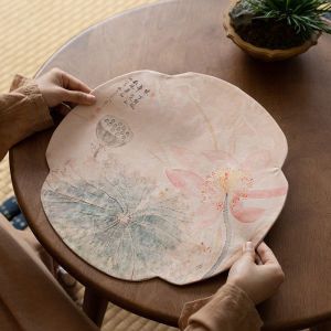 Retro Double-Sided Cloth Art Tea Mat Vintage Style Dry Pounding Tea Tablecloth Chinese Zen Hibiscus Design Tea Ceremony Decor