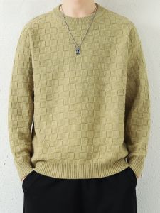 HENGYUANXIANG | Hengyuanxiang Mens Round Neck Knitted Sweater Thickened Autumn Winter Fashion Warm Base Layer Shirt Checkered Pattern Youthful Style