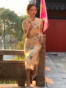 RuigeSpot bone etching cheongsam young style style retro improved yellow high-end dress women