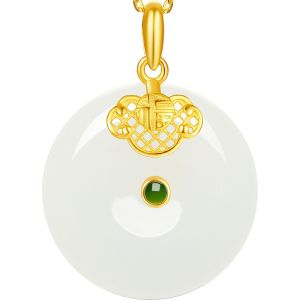 Genuine Gold and Jade Inlaid Peace Pendant Necklace