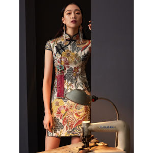 Gomphrena Globosa 2024 Original Designer Elegance Crane Golden Satin Jacquard Improved Customization Young Adult Daily Cheongsam