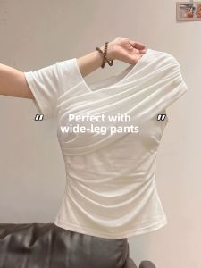 V.C.I | Irregular Pleated Design White Mesh Asymmetrical Shoulder T-Shirt