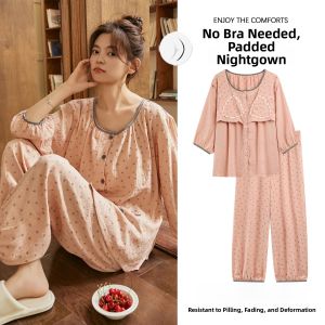MiiOW | Womens Sleepwear Cardigan With Chest Pad Nine Sleeve Open Style Summer Home Clothes Set Can Be Worn Outside Polyester Fiber