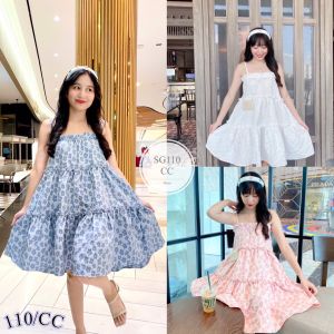 ES110 เดรส สายเดี่ยวแต่งระบาย ลายดอกนูน ลุคคุณหนูน่ารักมาก