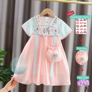 Traditional Chinese Hanfu kids costume dress with free tattoo bag hair clips for Chinese New Year and dinner party event
