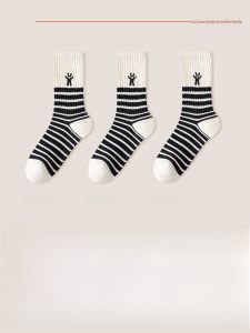 JINGCHI | Thickened Mid-calf Striped Cotton Socks Womens Trendy Warm Sport Long Socks Black White Japanese Style Spring Autumn Essential