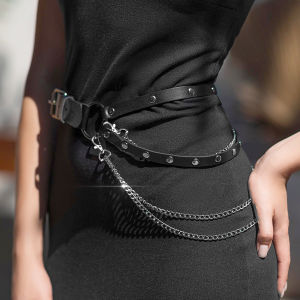 Women Plus Size PU Leather Waist Chain Harness Belt Adjustable Chain Decor Waist Belt for Gothic Rave Festival Daily Outfit