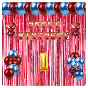 Set Paket Dekorasi Pesta Balon Ulang Tahun Banner Happy Birthday Spiderman Balon Birumuda Merah