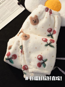Womens Thickened Fleece Pajama Pants Cartoon Print Home Leisure Long Pants Sleepwear Coral Velvet Fabric mid Waist Elastic