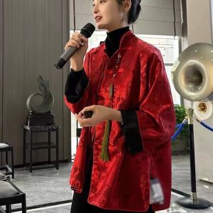 Red Stand Collar Jacket Womens Traditional Chinese Style Outerwear New Year Zodiac Year High Fashion Trendy Top Silk Material