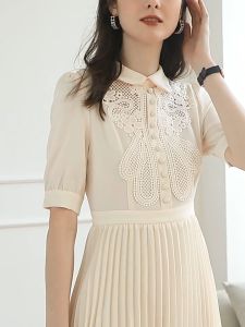 Vintage Embroidered Pleated Dress Women 2025 Summer Chic Sweet Short Sleeve Midi Party Dress Elegant Slim Waist A-Line Dresses