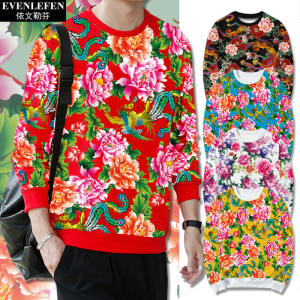 EvenLefen Northeast Big Flower Fashionable Ethnic TikTok Red Rose Sweatshirt for Men and Women Long Sleeve Casual Winter Wear with Geometric Pattern