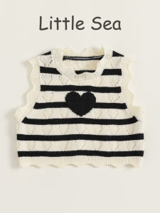 Sweet Knitted Girls Vest Spring Season Striped Heart Pattern Casual Style Childrens Clothing Baby Girls Fashionable Vest