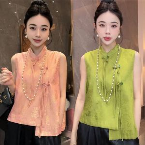 Summer New Retro Chinese Style Design Womens Vest with Buttonless Sleeveless Stand Collar Asymmetrical Commute Polyester Fiber