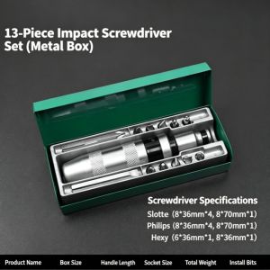 JUSTINLAU 13‑Piece Impact Screwdriver Kit Broken Stubborn Rusty Screw Remover Hand Removal Tools Equipped With Storage Tool Box