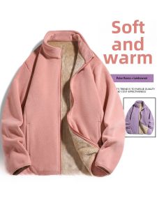 Thickened Lamb Velvet Jacket Womens Autumn Winter Orlon Fleece Lined Pink Jacket Fleece Sweatshirt Warm Stand Collar Zipper