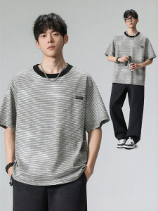 Wood soon | American Style Round Neck Stripe Casual T-Shirt