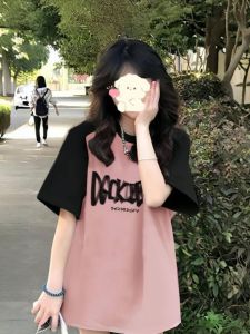 Girls Oversize Cotton T-shirt Shoulder Sleeve Insertion Loose Fit Summer New Style High School Students Pure Cotton Top