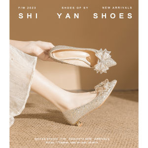 ส้นเตี้ย 3 ซม. รองเท้าแต่งงานสีแชมเปญหญิงตั้งครรภ์สามารถสวมใส่รองเท้าใหม่แสดงส้นสไตล์เจ้าหญิงแฟชั่นรองเท้าเดียว