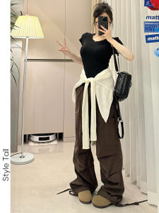 กางเกงขายาวทรงตรงผู้หญิงทรงลำลองหลายกระเป๋าฤดูใบไม้ร่วงปี 2024 กางเกงขายาวทรงตรงเอวยางยืดสำหรับใส่ไปทำงาน