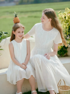 XIANGYING | Parent-Child White Round Neck Heavy Embroidery Sweet Summer Midi Dress