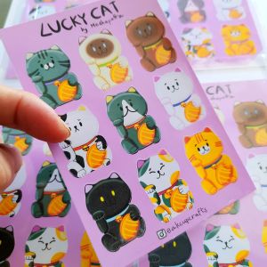 สติณกเกอร์น่ารักไดคัท handmade ลายแมวกวักนำโชค สติ๊กเกอร์มันเงา กันน้ำ