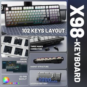 ATTACK SHARK | Attack Shark X98 Gaming Keyboard Wireless with Numeric Keypad102Keys Hot-Swap RGB PBT Keycaps4000mAh BatterySupport PC/Laptop