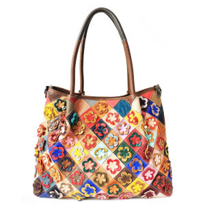 BeeGreen Women Colorful Genuine Leather Tote Bag Flower Patchwork Shoulder Bag Large Capacity Commuter Underarm Bag