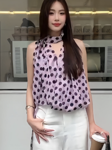 chaqi | Elegant French Polka Dot Sleeveless Blouse