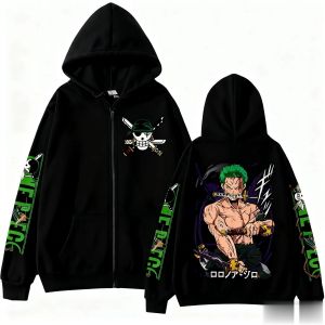 Bandai | 2026 One Piece Zoro Anime Print Zip Up Hooded Jacket Men Women Long Sleeve Casual Hip Hop Streetwear Pullover Spring Autumn Tops