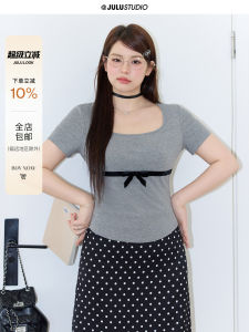 Juxiu Studio "Leio Holiday" Short Sleeve T-Shirt with Bow Knot for Plump Women Large Size Shoulder Length Slimming Top