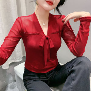 YIMEI Korean Fashion Bow Tie Up Shirt 2023 Autumn New Long sleeved Womens T-shirt Versatile Slim Fit Nail Bead Mesh Bottom Top