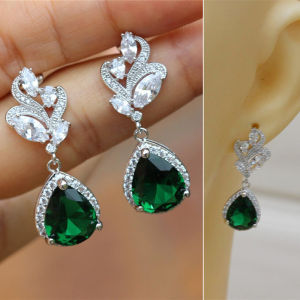 Huitan Aesthetic Green Pear CZ Drop Earrings Women Wedding Engagement Accessories Noble Ladys Earrings for Party Trendy Jewelry
