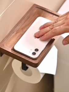 Black Walnut Wood Tissue Holder with Shelf - Wall-Mounted | Rustproof Phone Storage | Bathroom Toilet Use