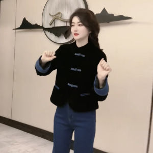 Fashionable Short Velvet Jacket with Button Design Commute Style Chinese New School Womens Top Quality High End Feel Spring 2024