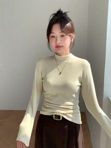 Dazzlin  เสื้อตัวในขนแกะคอสูงครึ่งตัวสำหรับผู้หญิงเสื้อแขนยาวเข้ารูปบุขนกำมะหยี่หนาพิเศษใส่ด้านในสำหรับฤดูใบไม้ร่วงและฤดูหนาว