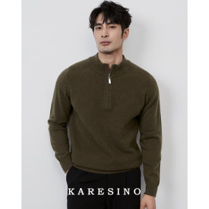 Karesino Mens Business Winter Thickened Pure Wool Warm Casual Hooded Half Zip Sweater Knitted Woolen Shirt for Youth