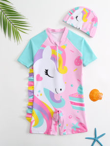 Girls Childrens One-Piece Swimsuit Short Sleeve Macaron Rainbow Comfortable Quick Dry Swimming Equipment Cute Fun in the Sun