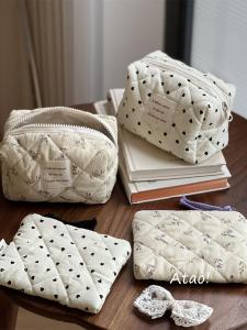 Cute Mini Cotton Printed Polka Dot Makeup Bag Portable Coin Purse Mobile Phone Bag Artistic Solid Color Floral Embroidery