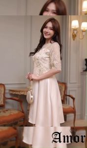 เดรสออกงาน งานแต่งงาน งานทำบุญ เนื้อผ้าลูกไม้คอกลมทรงกระโปรงบานสไตล์น่ารัก มี 2 สี มีไซส์สาวอวบ M-4XL