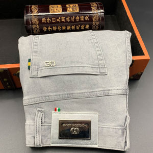 Spring Summer Thin Denim Jeans Mens Premium Lightweight Elastic Grey White Washed Slim Fit Trendy Straight Leg Jeans