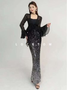 Fashion Retro Black Gray Gradient Color Sequin High Waist Slim Skirt Female Mid Length Long Length Fishtail Skirt Bodycon Dress