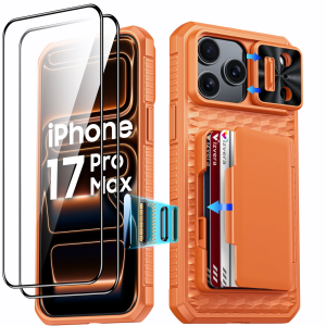 For iPhone 17 Pro Max With Card Holder Sliding Camera Cover And Stand Phone Case Anti-Fall PC+TPU Wallet Case-Orange