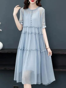 Váy Midi Tay Giữa Dáng Rộng Bằng Vải Chiffon Mùa Xuân Hè Cho Nữ Váy Dài Vừa Phải Thanh Lịch Và Sang Trọng
