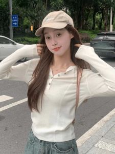 Korean Style Simple Long Sleeve Hoodie Womens Knitted Shirt Slim Fit Inner Wear Base Top for Autumn 2024 Xiaohanjia Brand