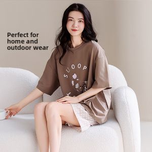 Miiow | Pure Cotton Short Sleeve Sleepwear Womens Style Summer New Cute Home Clothes Two-Piece Set With Chest Pad Integrated Design