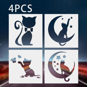 4PCS Cat Stencils for Painting Reusable Cat Stencil Templates 3.94x3.94 Inch for DIY Wall Art Craft Decor