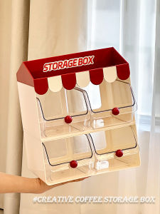 กล่องเก็บกาแฟสุดเก๋ เก้าอี้แบบตั้งแถว ช่องเก็บเมล็ดกาแฟ เก็บของในชั้นวางของ ที่วางเครื่องดื่มแบบแยกชั้น