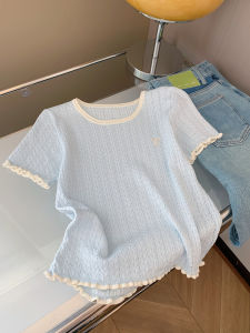 Blue Embroidered Butterfly Knot Short Sleeve T-Shirt Womens Summer New Style Color Block Design Sensation Slim Fit Niche