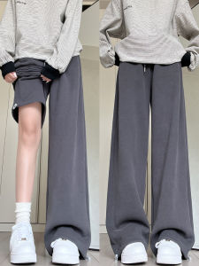 Quần Thể Thao Nữ Màu Xám Đậm Mỏng Mùa Thu 2025 Quần Dài Ống Rộng Dáng Rộng Xếp Nếp Cạp Cao Bằng Cotton Polyester